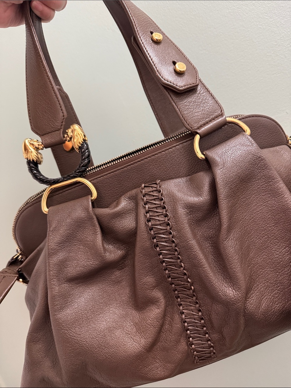 Bvlgari Brown Leather Shoulder Bag with Braided Center Detail
